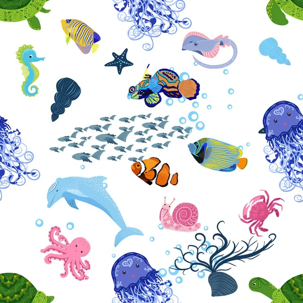 Deniz hayatı, balıklar, hayvanlar parlak, pürüzsüz desenler. Deniz yolculuğu, sualtı dalış yapan tropikal balıklar. Denizanası, balina, köpekbalığı, denizatı, palyaço balığı, yunus, kaplumbağa imparatoru balık ahtapot vatoz vatozu