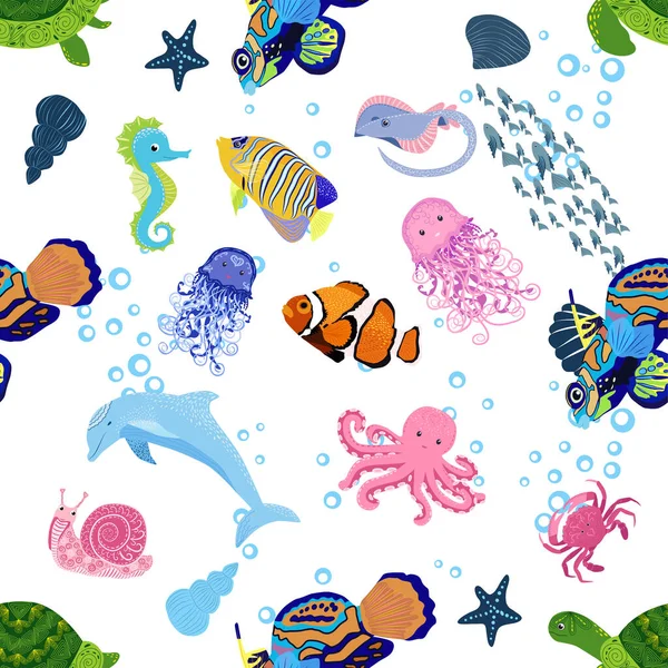 Marine Life Fish Animals Bright Seamless Pattern Sea Travel Underwater — Stock Vector