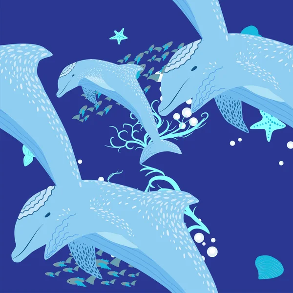 Dolphin Sea Inhabitants Seamless Pattern Beautiful Character Seashells Algae Starfish — Stock Vector
