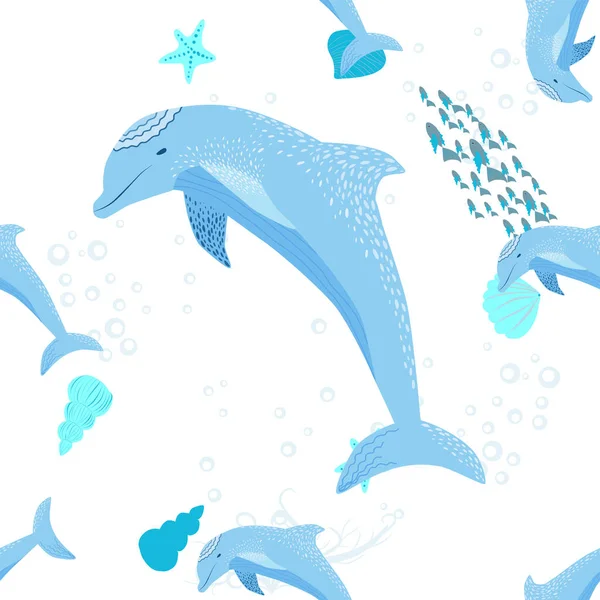 Delfín Mořští Obyvatelé Bezešvé Vzor Krásný Charakter Mezi Mušlemi Řasy — Stockový vektor
