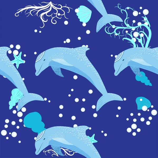 Delfin Tengeri Lakosok Zökkenőmentes Minta Gyönyörű Karakter Között Kagylók Algák — Stock Vector