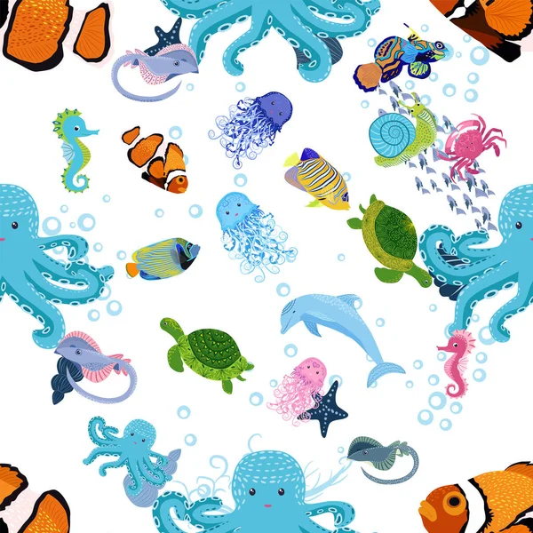 Deniz hayatı, balıklar, hayvanlar parlak, pürüzsüz desenler. Deniz yolculuğu, sualtı dalış yapan tropikal balıklar. Denizanası, balina, köpekbalığı, denizatı, palyaço balığı, yunus, kaplumbağa imparatoru balık ahtapot vatoz vatozu