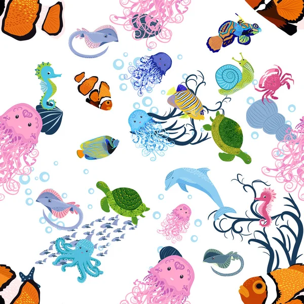 Deniz hayatı, balıklar, hayvanlar parlak, pürüzsüz desenler. Deniz yolculuğu, sualtı dalış yapan tropikal balıklar. Denizanası, balina, köpekbalığı, denizatı, palyaço balığı, yunus, kaplumbağa imparatoru balık ahtapot vatoz vatozu