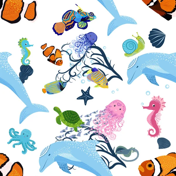 Deniz hayatı, balıklar, hayvanlar parlak, pürüzsüz desenler. Deniz yolculuğu, sualtı dalış yapan tropikal balıklar. Denizanası, balina, köpekbalığı, denizatı, palyaço balığı, yunus, kaplumbağa imparatoru balık ahtapot vatoz vatozu