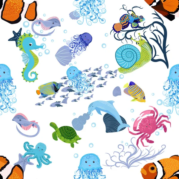 Meereslebewesen Fische Tiere Helles Nahtloses Muster Meeresreisen Unterwassertauchen Tier Tropischen — Stockvektor