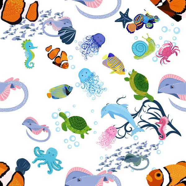 Deniz hayatı, balıklar, hayvanlar parlak, pürüzsüz desenler. Deniz yolculuğu, sualtı dalış yapan tropikal balıklar. Denizanası, balina, köpekbalığı, denizatı, palyaço balığı, yunus, kaplumbağa imparatoru balık ahtapot vatoz vatozu