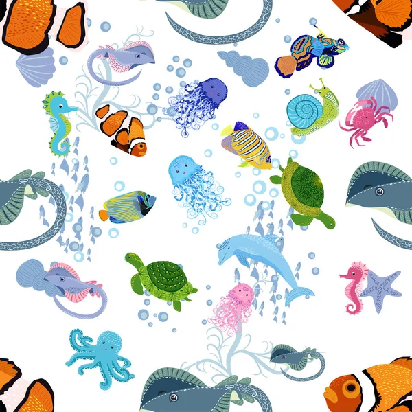 Deniz hayatı, balıklar, hayvanlar parlak, pürüzsüz desenler. Deniz yolculuğu, sualtı dalış yapan tropikal balıklar. Denizanası, balina, köpekbalığı, denizatı, palyaço balığı, yunus, kaplumbağa imparatoru balık ahtapot vatoz vatozu