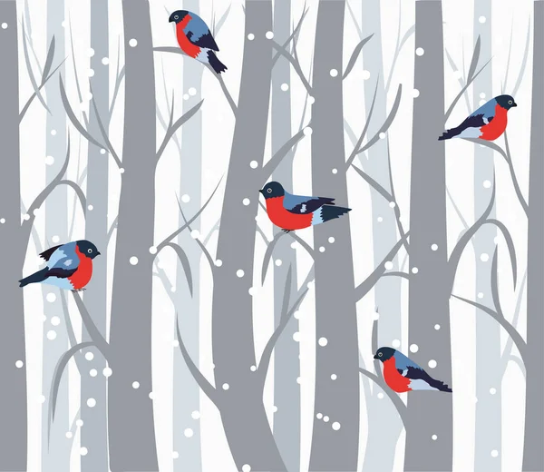 Winter Seamless Pattern Bullfinches Birch Trees — ストックベクタ