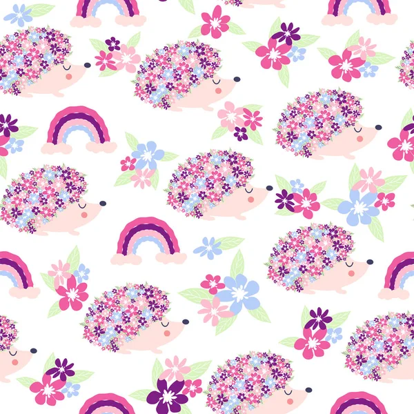 Seamless Childish Floral Pattern Flowers Cute Hedgehogs — Stockvector