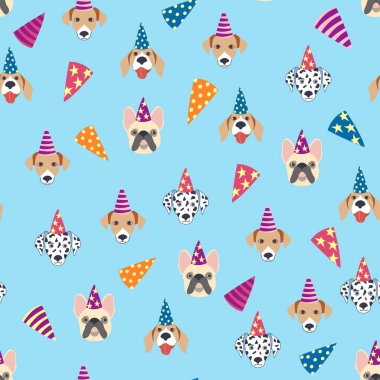 Dalmaçyalı, Bulldog, Terrier ve Corgi cinslerinin çizgi filmlerinin kusursuz desenleri kutlu olsun. Doğum günü hediyeleri, balonlar, tatlılar ve parti şapkaları..