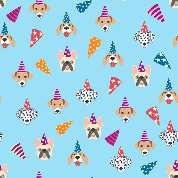 Dalmaçyalı, Bulldog, Terrier ve Corgi cinslerinin çizgi filmlerinin kusursuz desenleri kutlu olsun. Doğum günü hediyeleri, balonlar, tatlılar ve parti şapkaları..