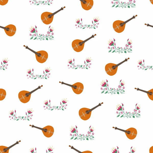 Portuguese Guitar Seamless Pattern Flowers Typical Azulejo Tiles Music Musical — Wektor stockowy