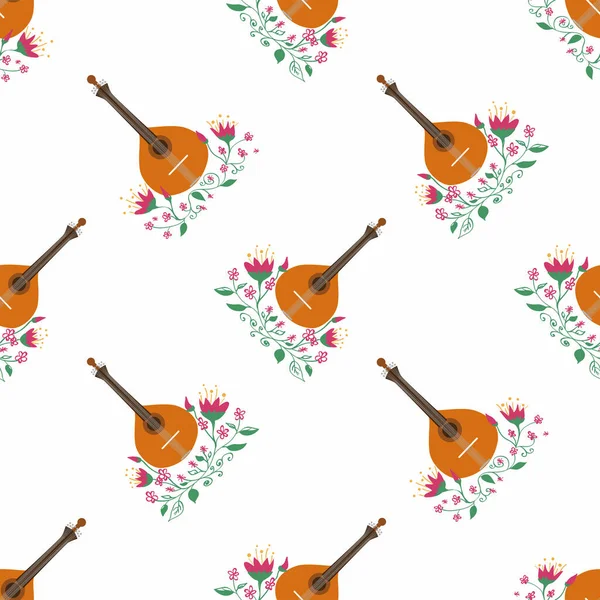 Portuguese Guitar Seamless Pattern Flowers Typical Azulejo Tiles Music Musical — Wektor stockowy