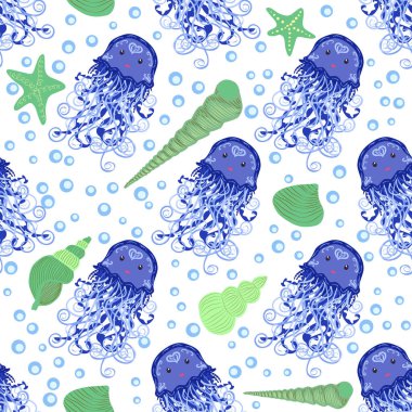 Denizanası, parlak, pürüzsüz desenli. Detaylı denizanasıyla kusursuz desen. Sevimli eller çizilmiş balıklar ve karalama tarzında denizanaları. Moda çocuk odası arka planı.