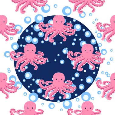 Sevimli ahtapot, yosun ve inciyle kusursuz bir desen. Sevimli elle çizilmiş çocuksu, pürüzsüz bir şekil. Moda çocuk odası arka planı