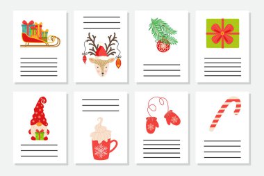 Noel seti ya da davetiye. Yeni yıl sembollü kartpostallar, Noel ağacı, kar taneleri, hediyeler, şeker kamışı, kızak ve daha fazlası..