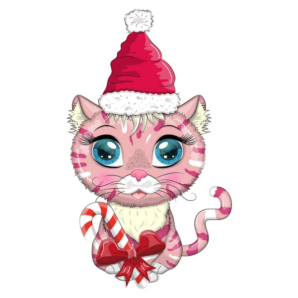 Cute Cartoon Cat Santa Hat Candy Kane Winter 2023 Christmas — Image vectorielle