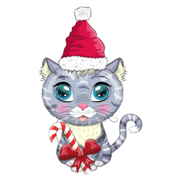 Cute Cartoon Cat Santa Hat Candy Kane Winter 2023 Christmas — Stock Vector