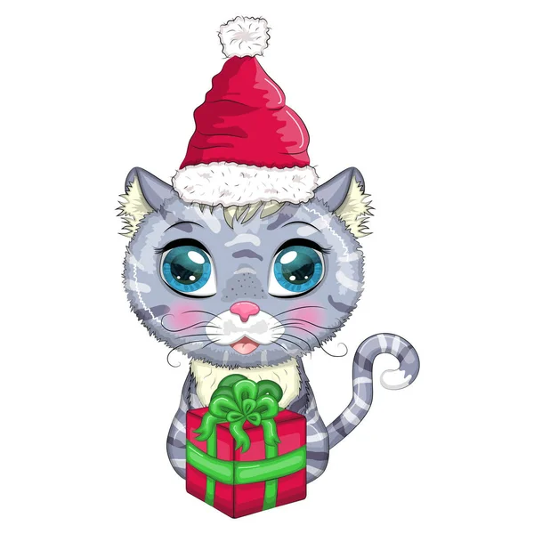 Cute Cartoon Cat Santa Hat Gift Winter 2023 Christmas Chinese — Stockvektor