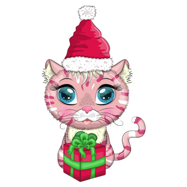 모자쓰고 선물받은 귀여운 고양이 2023 크리스마스 중국의 — 스톡 벡터