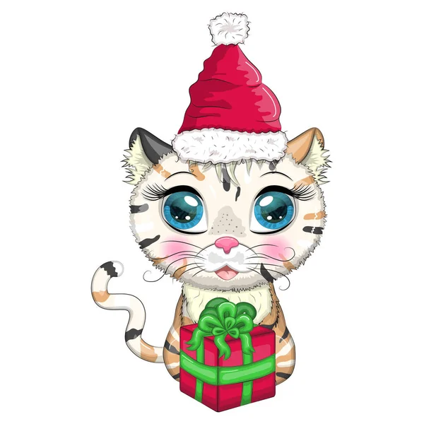 可爱的卡通猫 戴着礼帽 带着礼物 2023年冬季 圣诞节及农历新年 — 图库矢量图片