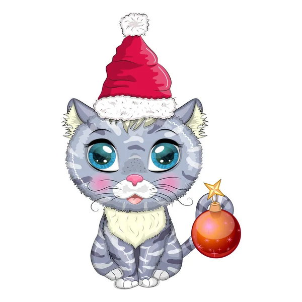 Cute Cartoon Cat Santa Hat Christmas Ball Winter 2023 Christmas — Vetor de Stock