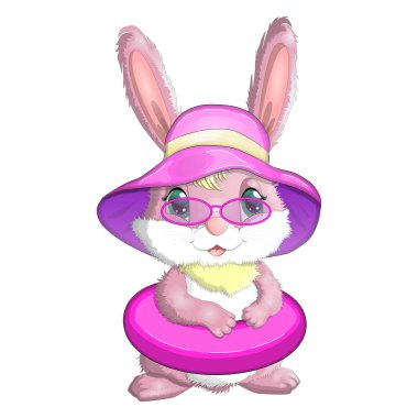 Sevimli tavşan, şapkalı tavşan, yüzme yüzüğü, palet. Sahil, tatil, tatil konsepti. 2023 'ün sembolü