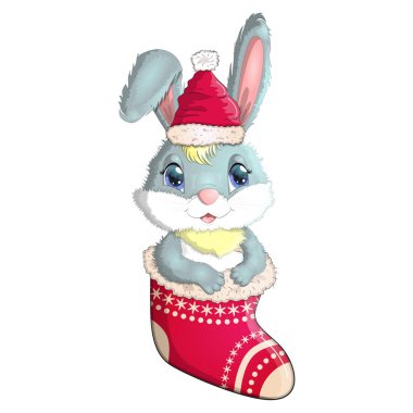 Noel Baba şapkalı şirin bir tavşan Noel çorabının içinde oturuyor. Kış 2023, Noel ve Yeni Yıl.