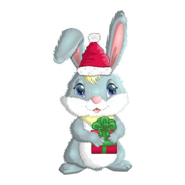 Noel Baba şapkalı şirin çizgi film tavşanı. Kış 2023, Noel ve Yeni Yıl.