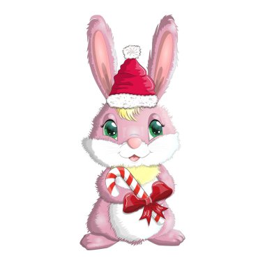 Noel Baba şapkası takan sevimli çizgi film tavşanı ve şeker Kane. Kış 2023, Noel ve Yeni Yıl.