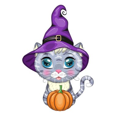 Mor cadı şapkalı çizgi film kedisi süpürge, balkabağı, iksir. Cadılar Bayramı karakteri, poster. Tatlı çocuk karakteri, 2023 yılının sembolü.