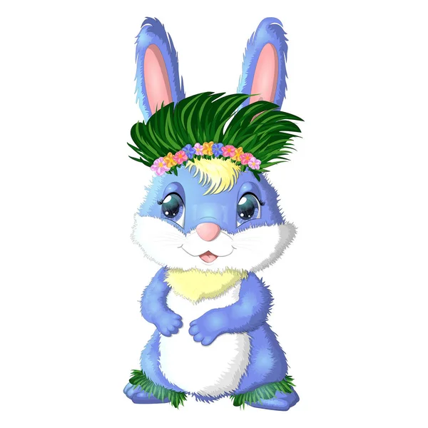 Милий Кролик Зайця Гавайському Одязі Танцює Вінок Садок Квітів Пляжу — стоковий вектор