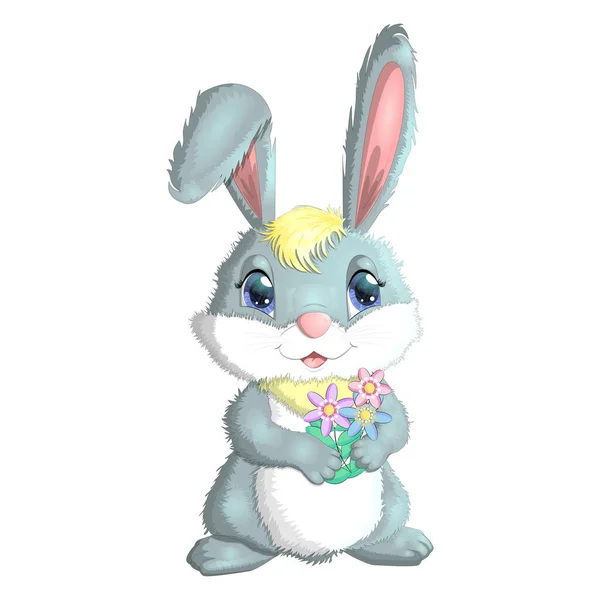 Zeichentrickkaninchen Hase Mit Blumen Niedliche Kindliche Schriftzeichen Ostern Frühling Symbol — Stockvektor