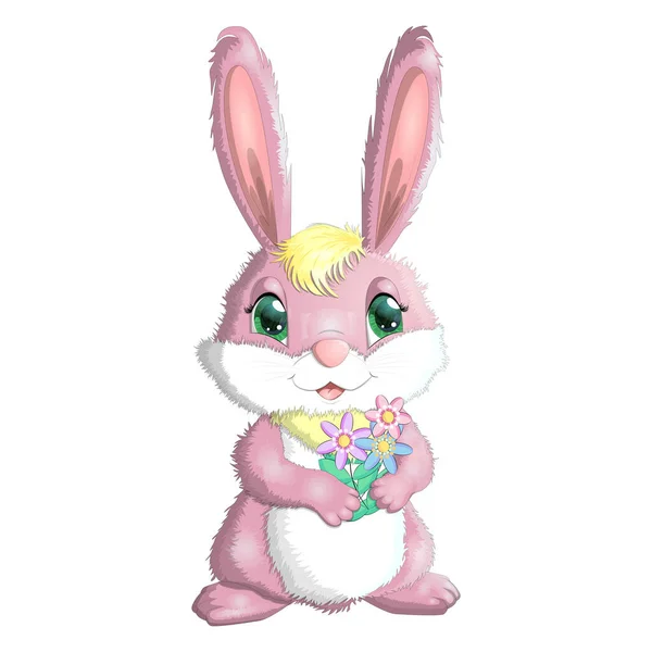 Кролик Картун Заєць Квітами Тихий Дитячий Персонаж Великдень Весна Символ — стоковий вектор