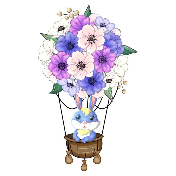 Conejo Dibujos Animados Liebre Vuela Globo Hecho Flores Lindo Carácter — Vector de stock