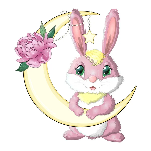 Мультяшний Кролик Зайчик Місяці Квітами Зірками Симпатичний Дитячий Персонаж Символ — стоковий вектор