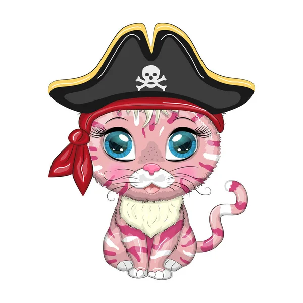 海盗猫 游戏中的卡通人物 头戴头巾的野生动物猫 头戴皱巴巴的帽子 头戴眼罩 可爱的汉字 2023新中国年的标志 — 图库矢量图片
