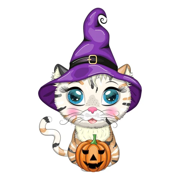 Kreskówkowy Kot Fioletowym Kapeluszu Czarownicy Miotłą Dynią Eliksirem Postać Halloween — Wektor stockowy