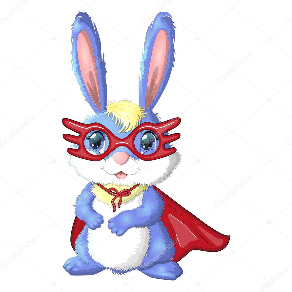 Cartoon rabbit, hare superhero in red cloak and mask. Cute childish character, Easter, spring, symbol of 2023 Chinese New Year