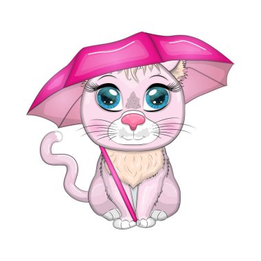 Yağmurda şemsiyeli çizgi film kedisi. Sonbahar geliyor. Tatlı çocuk karakteri, 2023 yılının sembolü.