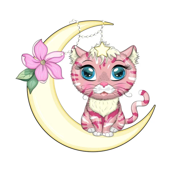 Γάτα Κινουμένων Σχεδίων Στο Φεγγάρι Λουλούδια Χαριτωμένο Παιδί Χαρακτήρα Σύμβολο — Διανυσματικό Αρχείο