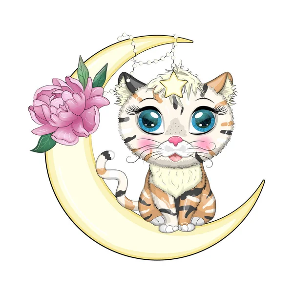 Γάτα Κινουμένων Σχεδίων Στο Φεγγάρι Λουλούδια Χαριτωμένο Παιδί Χαρακτήρα Σύμβολο — Διανυσματικό Αρχείο