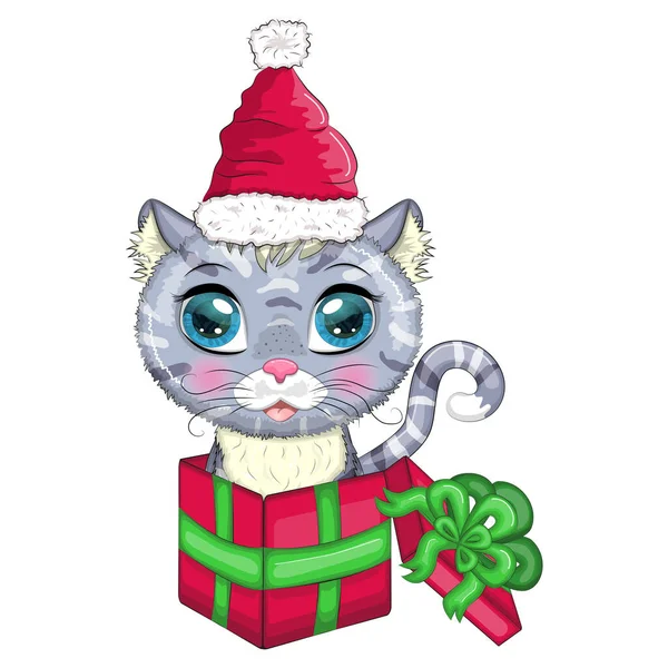 Chaton Dessin Animé Mignon Dans Chapeau Père Noël Dans Une — Image vectorielle