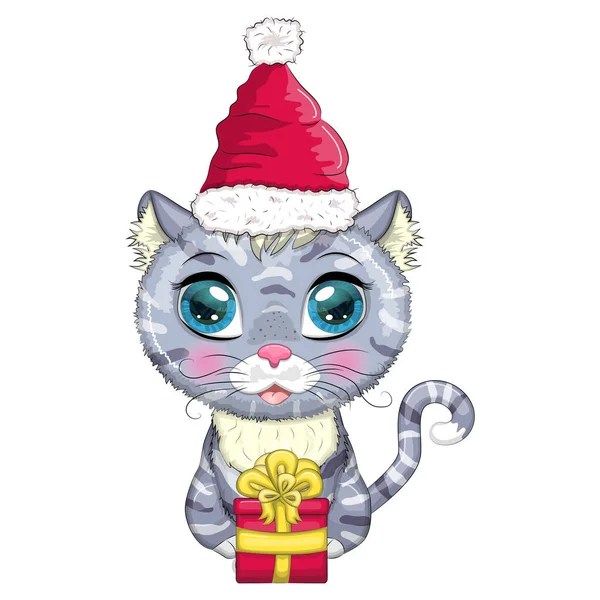 Chaton Dessin Animé Mignon Chapeau Père Noël Avec Cadeau Hiver — Image vectorielle