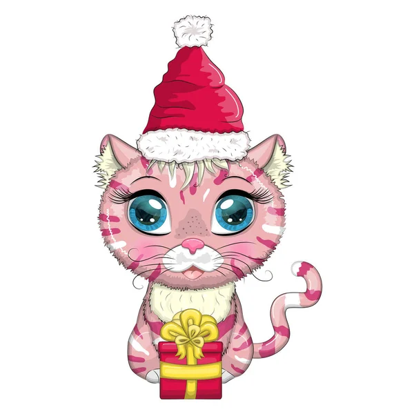 Cute Cartoon Cat Santa Hat Gift Winter 2023 Christmas Chinese — стоковый вектор