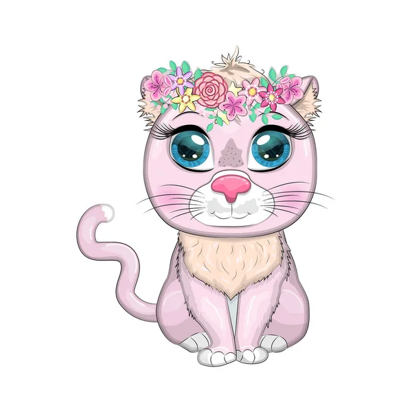 Gato Desenho Animado Com Uma Grinalda Primavera Está Chegar Personagem — Vetor de Stock