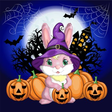 Cadı şapkalı şirin tavşan, balkabağı, süpürge, iksir. Yıl 2023 Hare maskotu karakteri. Mutlu Cadılar Bayramı festivali konsepti