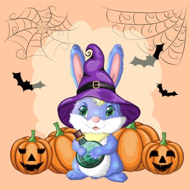 Cadı şapkalı şirin tavşan, balkabağı, süpürge, iksir. Yıl 2023 Hare maskotu karakteri. Mutlu Cadılar Bayramı festivali konsepti