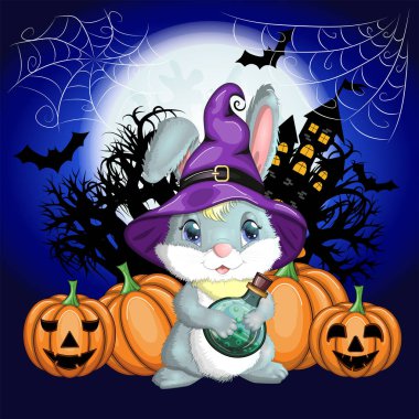 Cadı şapkalı şirin tavşan, balkabağı, süpürge, iksir. Yıl 2023 Hare maskotu karakteri. Mutlu Cadılar Bayramı festivali konsepti