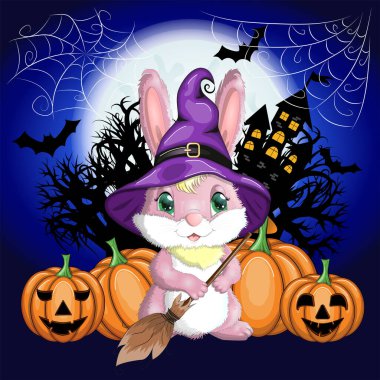 Cadı şapkalı şirin tavşan, balkabağı, süpürge, iksir. Yıl 2023 Hare maskotu karakteri. Mutlu Cadılar Bayramı festivali konsepti